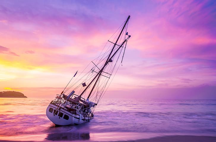 sand, hav, våg, strand, sommar, himlen, solnedgång, båt, segelbåt, yacht, rosa, havslandskap, ensam, färgstark, HD tapet