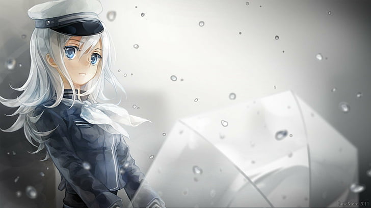 anime, blue, eyes, girls, hair, rain, umbrellas, white, HD wallpaper