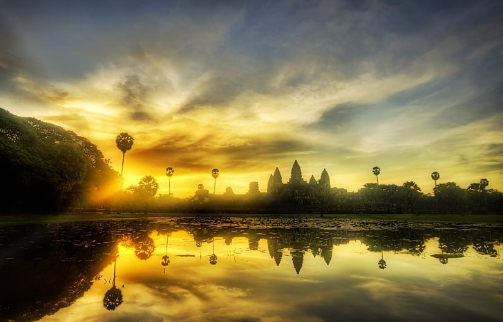 Photography, Sunrise, Angkor Wat, Reflection, Sky, Sunbeam, HD wallpaper