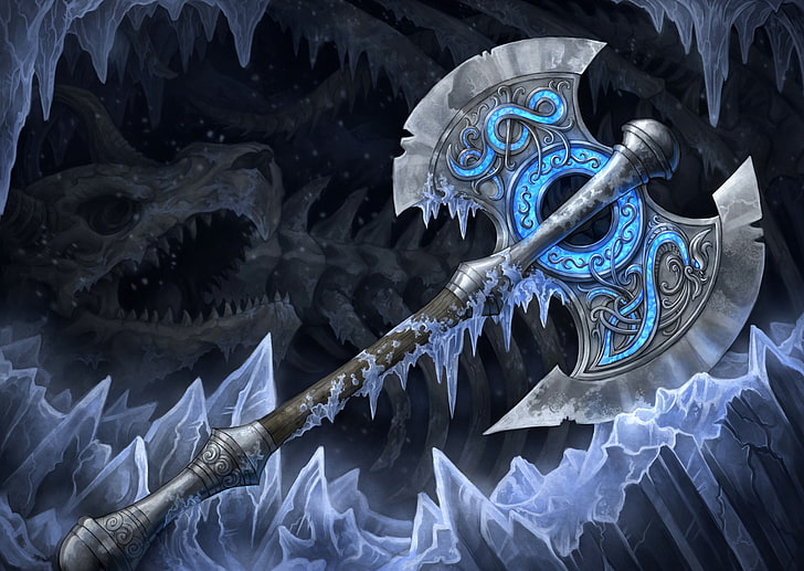 silver axe illustration, cold, ice, weapons, art, bones, cave, axe, HD wallpaper