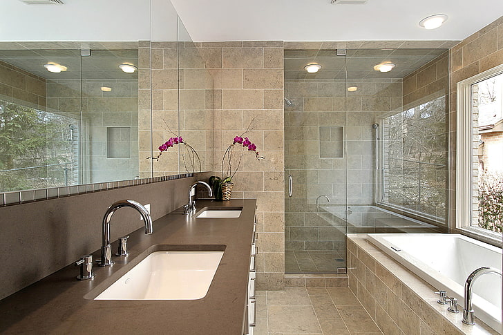 torneira de aço inoxidável, banheira, design, pias, chuveiros, vidro, HD papel de parede