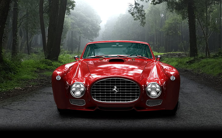 красный автомобиль Ferrari, суперкар, красные автомобили, Ferrari F340, Ferrari, автомобиль, деревья, HD обои