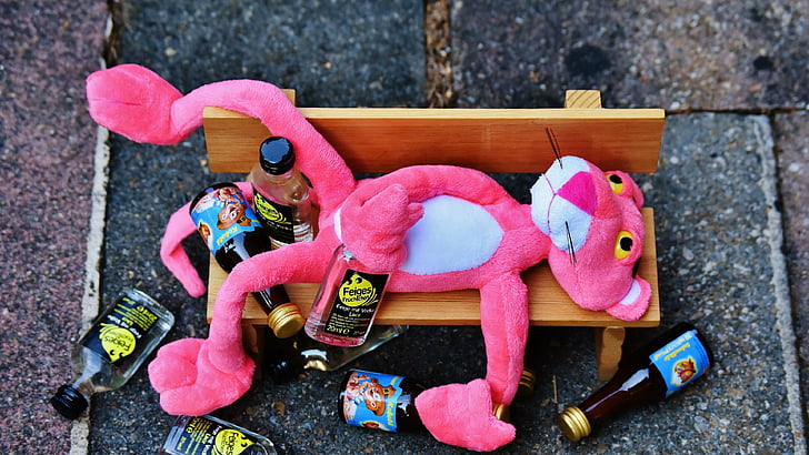 pink, drug, lazy, sleepy, pink panther, funny, drunk, bench, drunken, HD wallpaper