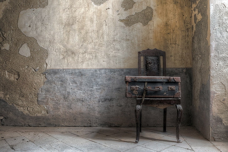 stary, krzesło, ściana, walizka, Tapety HD