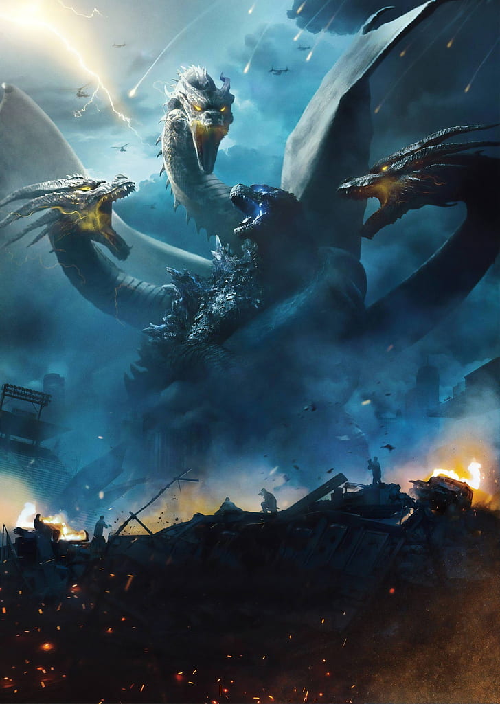Godzilla, Godzilla: King of the Monsters, karya seni, kaiju, King Ghidorah, film, Wallpaper HD, wallpaper seluler