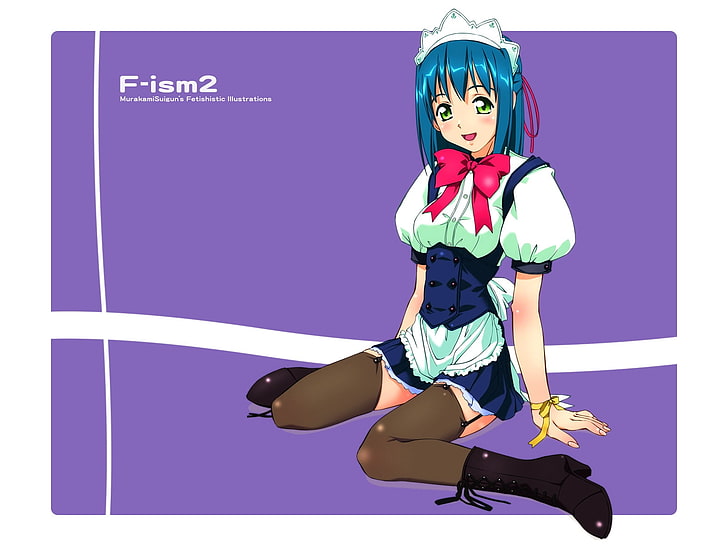 blue hair female anime illustration, murakami suigun, f-ism, girl, smile, blush, maid, HD wallpaper