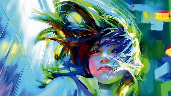 portrait de femme peinture multicolore, oeuvre d'art, femmes, coloré, Fond d'écran HD