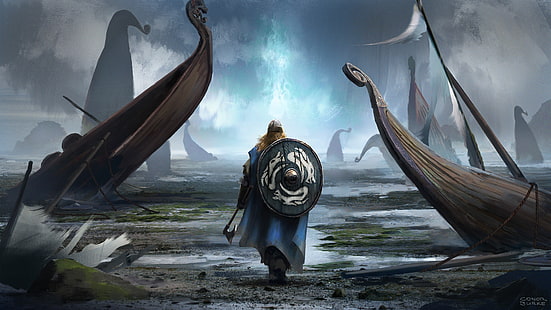 Fantasy, Viking, Drakkar, Landscape, Shield, Warrior, HD wallpaper HD wallpaper