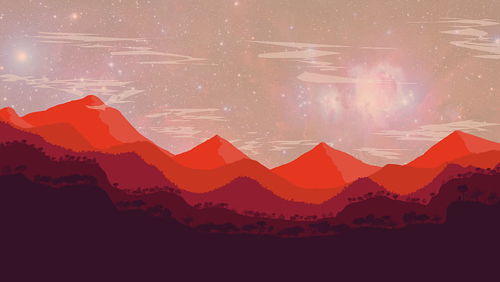landscape, abstract, red, mountains, Photoshop, space, HD wallpaper
