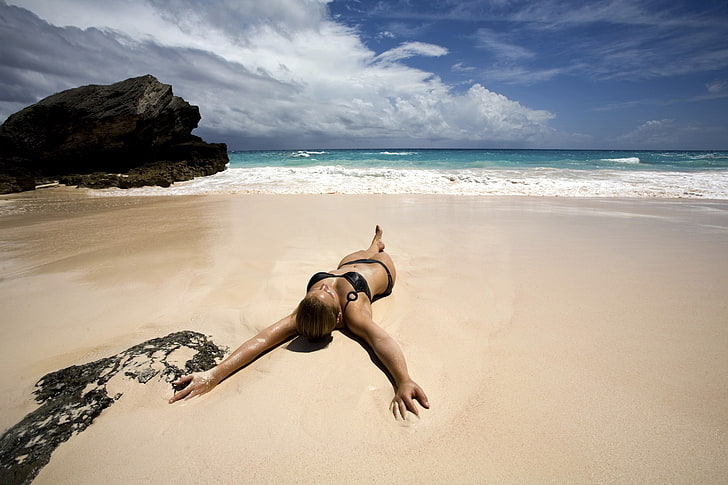 modella, spiaggia, donna, bikini, Sfondo HD