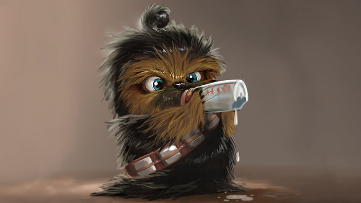 baby Chewbacca illustration, chibi, Chewbacca, milk, baby animals, Star Wars, HD wallpaper