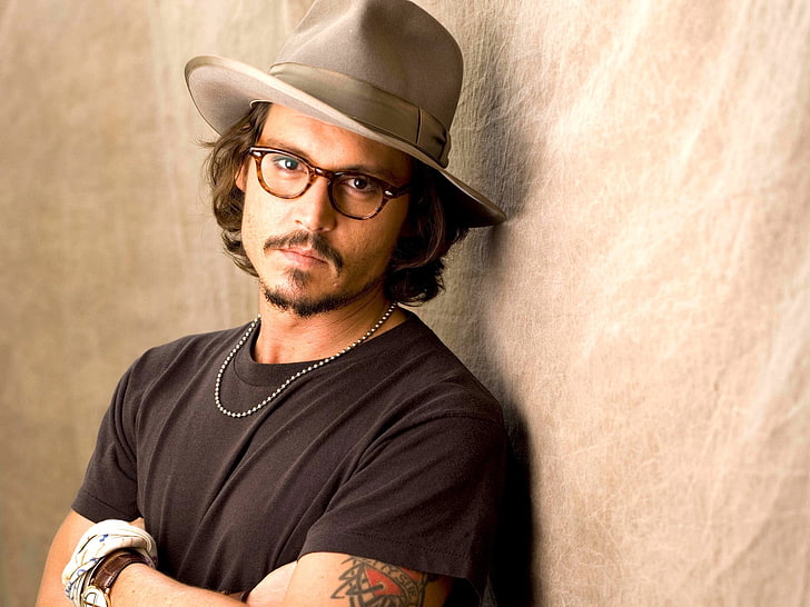 herrens svart skjorta med rund hals, Johnny Depp, glasögon, hattar, klockor, tatuering, HD tapet