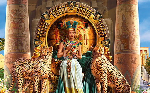 Starożytne, zwierzęta, architektura, budynki, koty, Gepard, Kleopatra, kolor, detal, sukienka, dynastia, egipt, egipski, fantasy, złoto, suknia, biżuteria, faraon, Filopator, Ptolemeusz, królowa, plamy, tron, VII, kobiety, Tapety HD HD wallpaper
