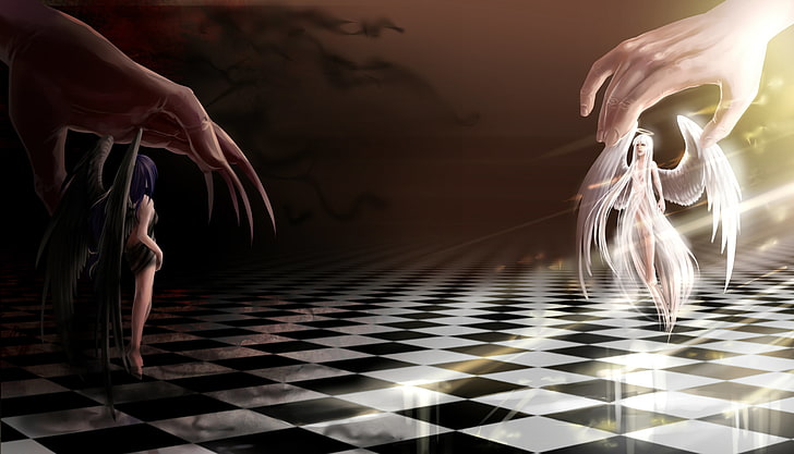 angel and demon illustration, fiction, welcome, angel, the demon, art, evil, chess Board, HD wallpaper