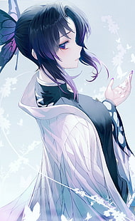  Kochou Shinobu, Kimetsu no Yaiba, butterfly, blushing, black hair, HD wallpaper HD wallpaper