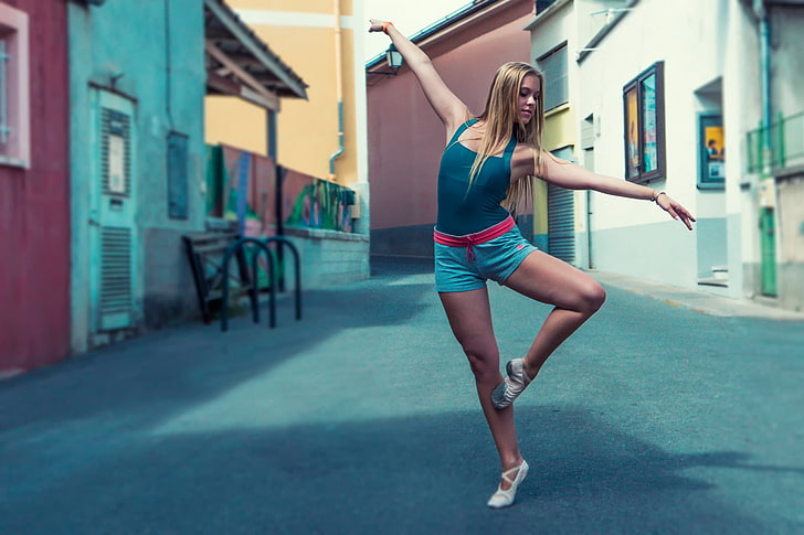 women, ballerina, dancer, blonde, women outdoors, blue tops, excercise, HD wallpaper