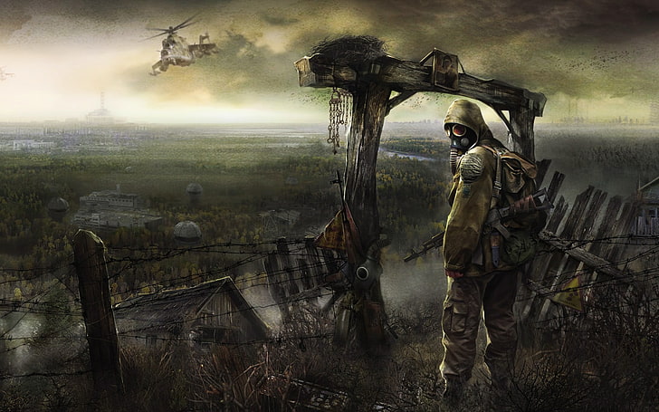 combat soldier graphic wallpaper, S.T.A.L.K.E.R., radiation, radioactive, helicopters, apocalyptic, HD wallpaper