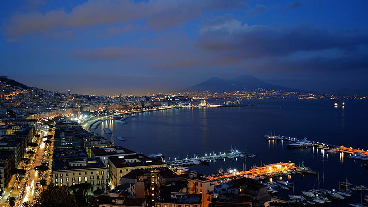 Napoli, Campania, İtalya, defne, ışıklar, gece, gökyüzü, HD masaüstü duvar kağıdı