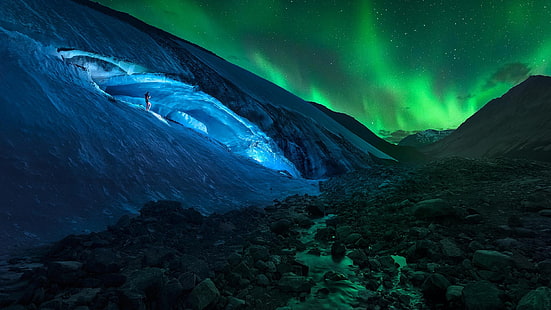 Aurora Borealis, ภูมิประเทศ, ภูเขา, กระแส, หิน, หิน, กลางคืน, ออโรร่า, aurora borealis, ธารน้ำแข็ง, ผู้ชาย, ดาว, ไฟ, การเปิดรับแสงเป็นเวลานาน, ธรรมชาติ, แคนาดา, น้ำแข็ง, วอลล์เปเปอร์ HD HD wallpaper