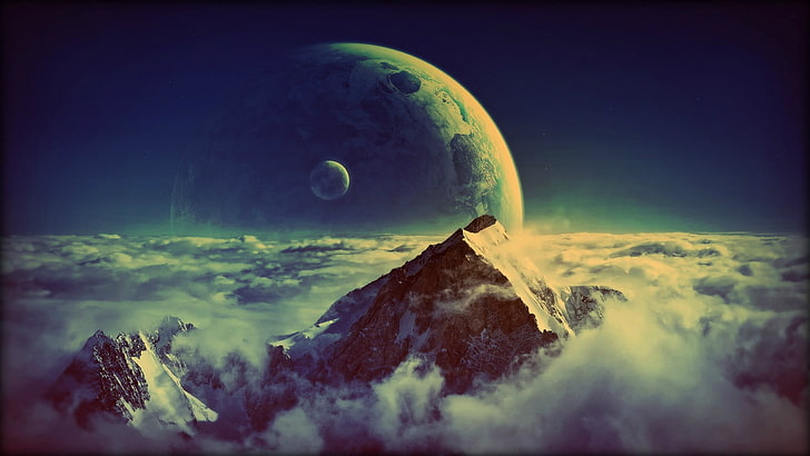 montaña cubierta de nieve, montañas, nubes, luna, planeta, arte espacial, espacio, arte digital, naturaleza, Fondo de pantalla HD