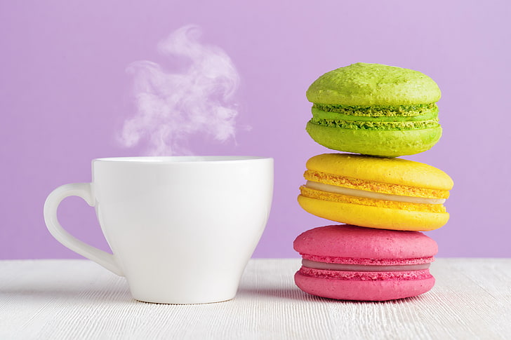 green, yellow, and pink macaroons, colorful, cookies, dessert, cup, sweet, coffee, macaron, almond, HD wallpaper