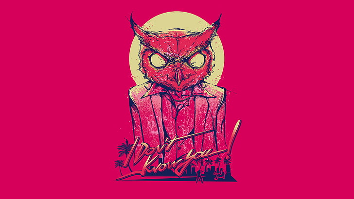 red owl sketch with i don't know you text overlay, pink, Hotline Miami, video games, owl, HD wallpaper