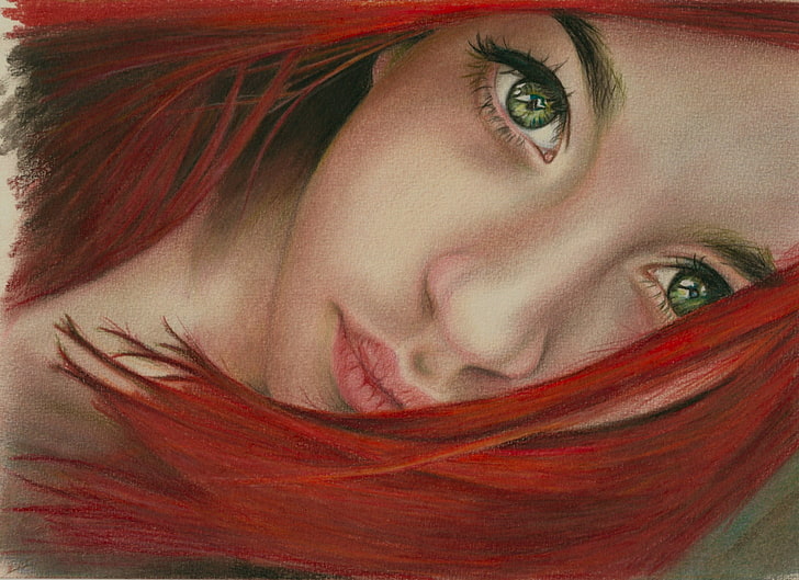 женский портрет живопись, глаза, взгляд, девушка, лицо, волосы, арт, зеленый, губы, красный, живопись, шея, HD обои