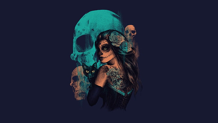 turkusowa czaszka i ilustracja kobiety, kobiety, Sugar Skull, czaszka, grafika, fantasy art, Tapety HD