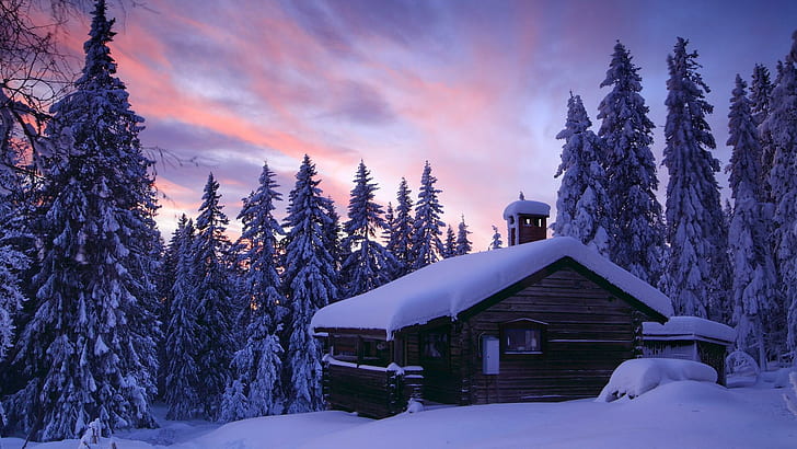 Бревенчатый домик в лесу зимой, лес, зима, домик, закат, природа и пейзажи, HD обои