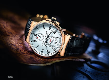 Okrągły, biały chronograf w złotej ramce z czarnym paskiem, zegarek, luksusowe zegarki, Ulysse Nardin, Tapety HD HD wallpaper