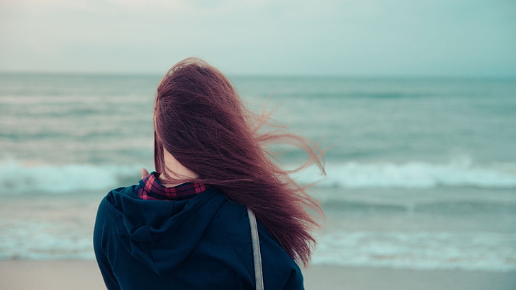 women's blue hoodie, sea, water, girl, river, background, the wind, Wallpaper, mood, hair, brunette, HD wallpaper