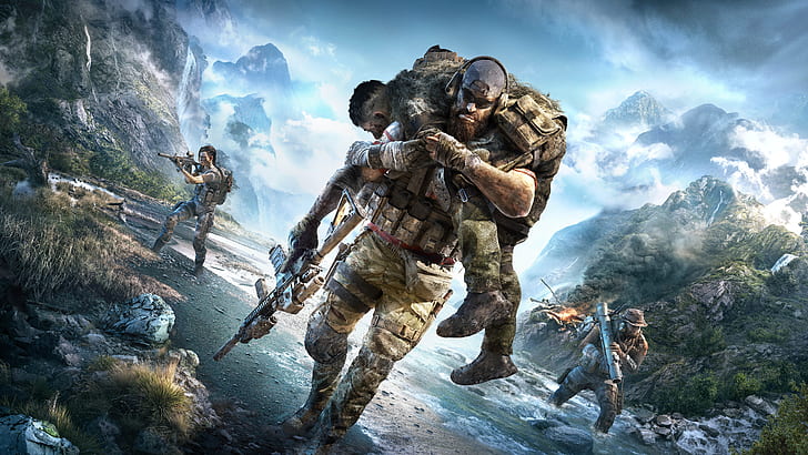 Tom Clancy's, Tom Clancy's Ghost Recon Breakpoint, Gun, Mountain, River, Warrior, Tapety HD