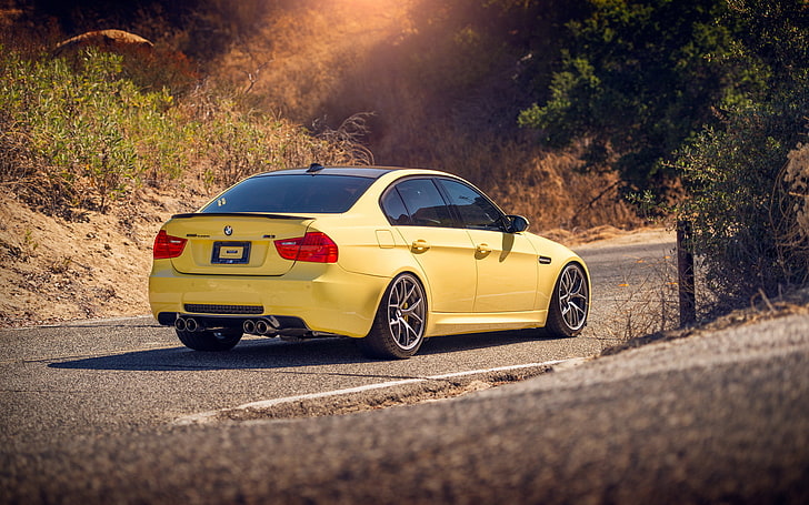 yellow BMW sedan, road, BMW, yellow, BMW M3, HD wallpaper