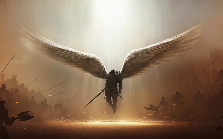 angel with sword wallpaper, Diablo, Diablo III, Angel, Angel Warrior, Dark, Demon, Sword, Tyrael (Diablo III), Weapon, Wings, HD wallpaper
