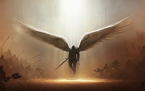 天使の剣の壁紙、ディアブロ、ディアブロIII、天使、天使の戦士、暗い、悪魔、剣、ティラエル（ディアブロIII）、武器、翼、 HDデスクトップの壁紙 HD wallpaper