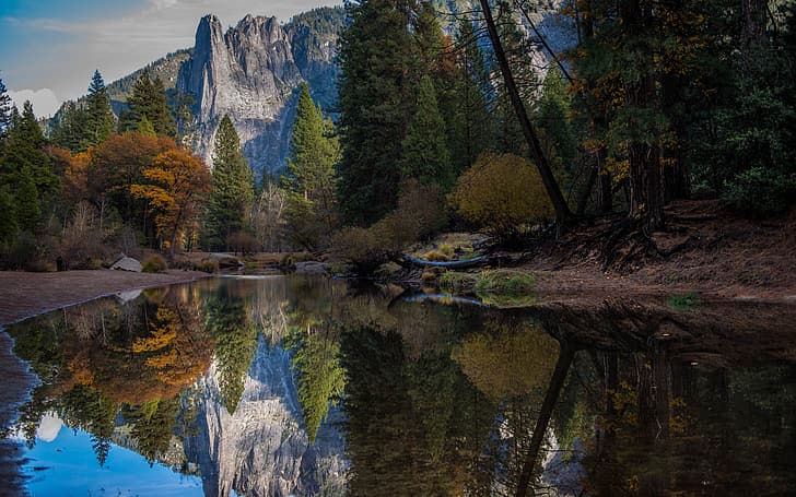 США, лес, деревья, природа, Калифорния, осень, горы, озеро, листья, пейзажи, долина, отражение, листва, фон 4k ultra hd, «Национальный парк Йосемити», HD обои