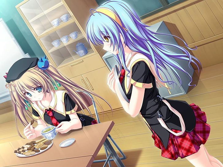 Dos personajes femeninos de anime, niña, camarero, comiendo, comida, taza,  Fondo de pantalla HD | Wallpaperbetter