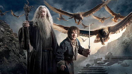 penyihir, The Hobbit, The Hobbit: Pertempuran Lima Tentara, film, elang, Gandalf, Martin man, Bilbo Baggins, Ian McKellen, Wallpaper HD HD wallpaper