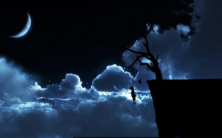 sad, artwork, night, suicide, sky, clouds, Moon, HD wallpaper