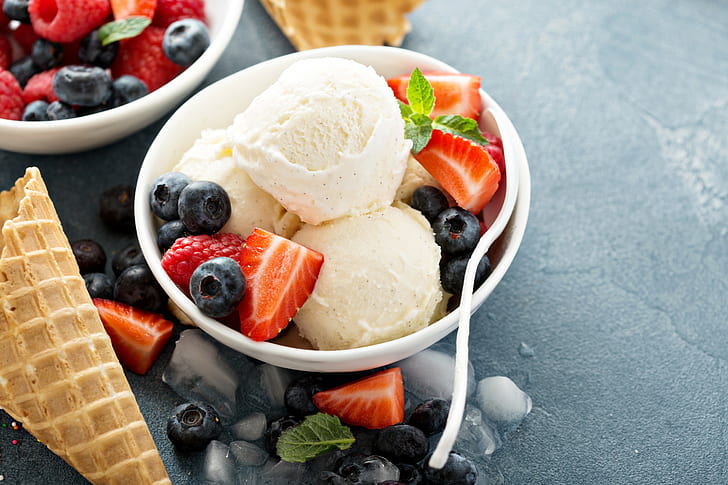 strawberries, fruit, berries, ice cream, HD wallpaper