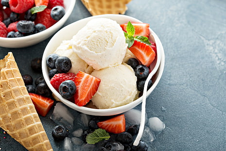 strawberries, fruit, berries, ice cream, HD wallpaper HD wallpaper