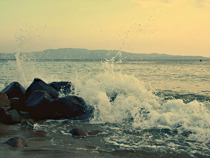 body of water, deep sea, seaside, sunset, wave crashing, HD wallpaper