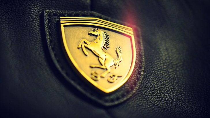 gold-colored horse embossed emblem, Ferrari, symbols, logo, gold, HD wallpaper