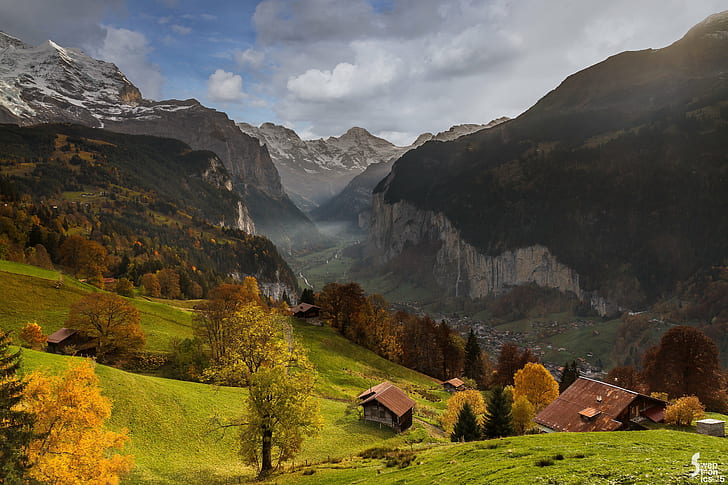 aerial photo of a mountain and houses, lauterbrunnen, lauterbrunnen, Lauterbrunnen, aerial photo, houses, swiss, switzerland, alps  mountains, valley, landscape, suisse, vallée, montagnes, mountain, nature, european Alps, scenics, outdoors, europe, meadow, autumn, rural Scene, summer, hill, mountain Peak, forest, tree, beauty In Nature, HD wallpaper