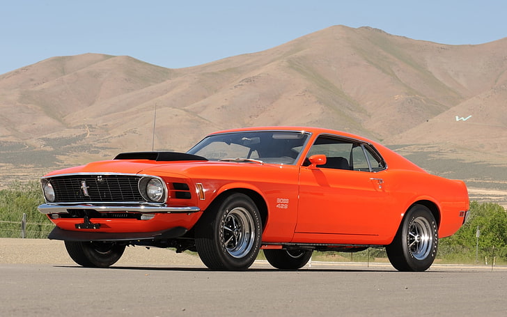 Ford Mustang coupe orange, le ciel, montagnes, orange, Mustang, Ford, classique, 1970, le devant, Boss, voiture de muscle, 429, Fond d'écran HD