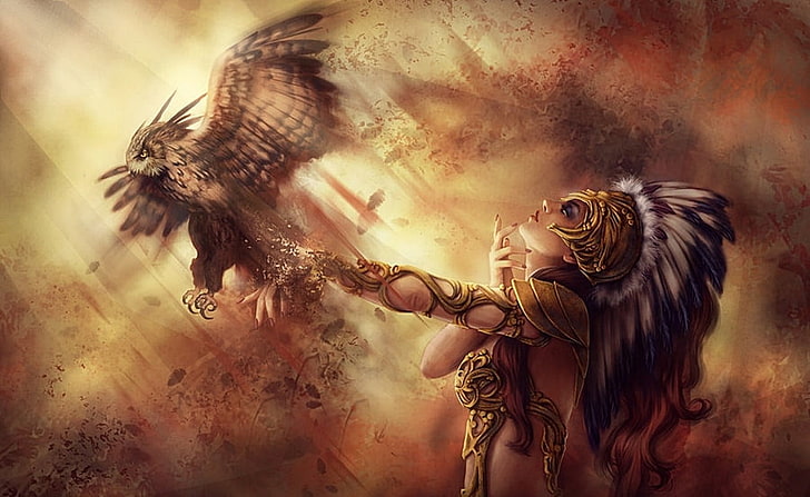 Native American and brown owl illustration, owl, HD wallpaper