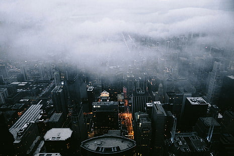 Chicago sis, havai fotoğraf, yüzünden, şehir, chicago, şehir, bulutlar, peyzaj, yapi, sis, scape, HD masaüstü duvar kağıdı HD wallpaper