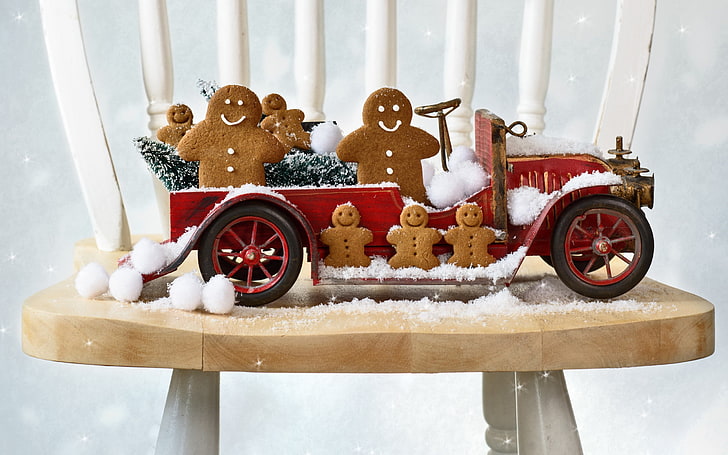 New Year, snow, gingerbread, chair, cookies, old car, HD wallpaper
