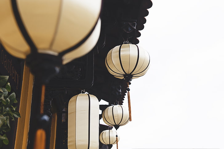 white lantern, lanterns, roof, building, HD wallpaper