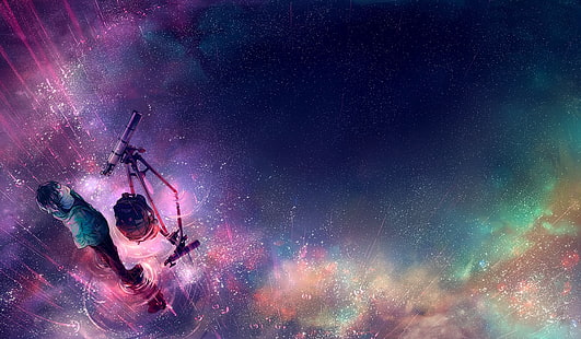 digitale Tapete des purpurroten und blauen sternenklaren Himmels, Grafik, Sterne, Regen, Teleskop, Galaxie, Nebel, Yuumei, Anime, HD-Hintergrundbild HD wallpaper